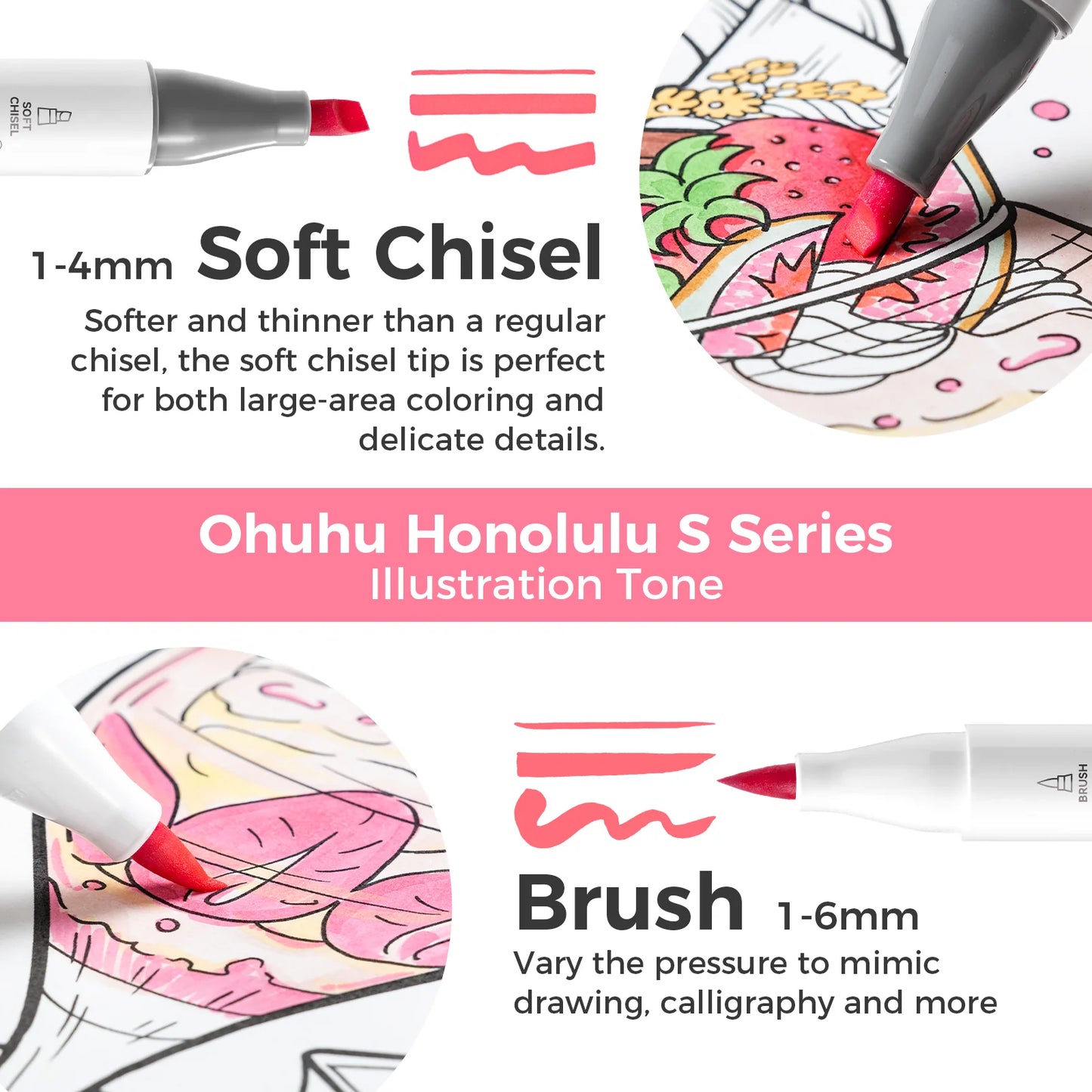 Ohuhu Honolulu S Alcohol Markers 60 Illustration Color, Brush & Soft Chisel