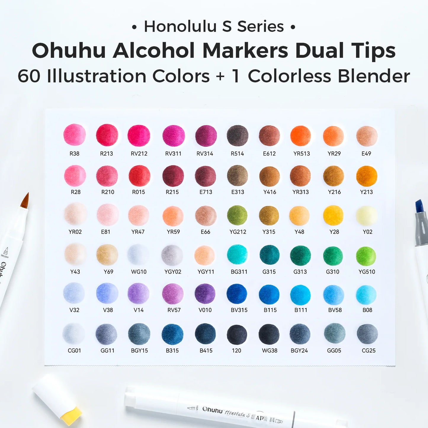 Ohuhu Honolulu S Alcohol Markers 60 Illustration Color, Brush & Soft Chisel