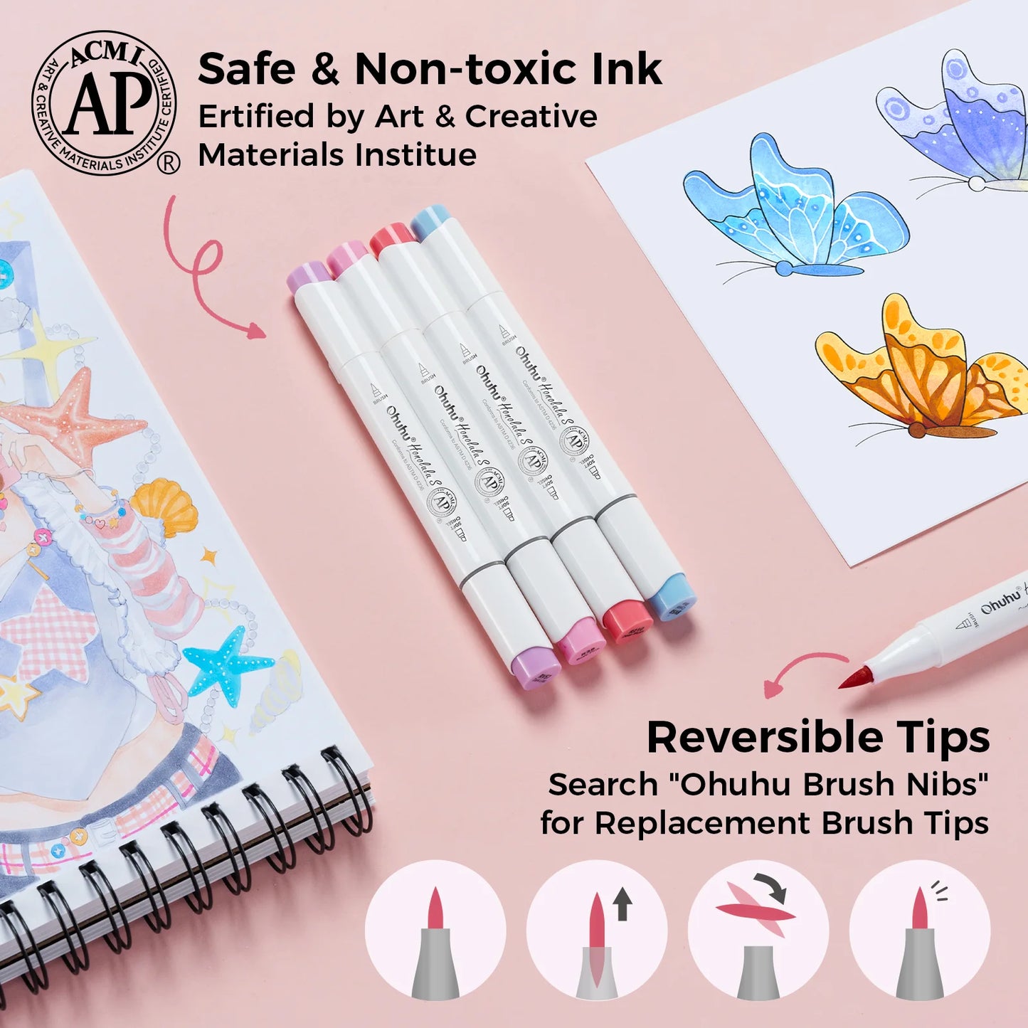 Ohuhu Honolulu S Alcohol Markers 60 Illustration Color, Brush & Soft Chisel